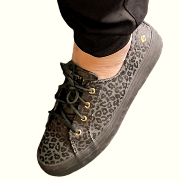 Sperry Top Sider Black Cheetah Print Lace Up Shoes - Size 10 - Picture 3 of 6